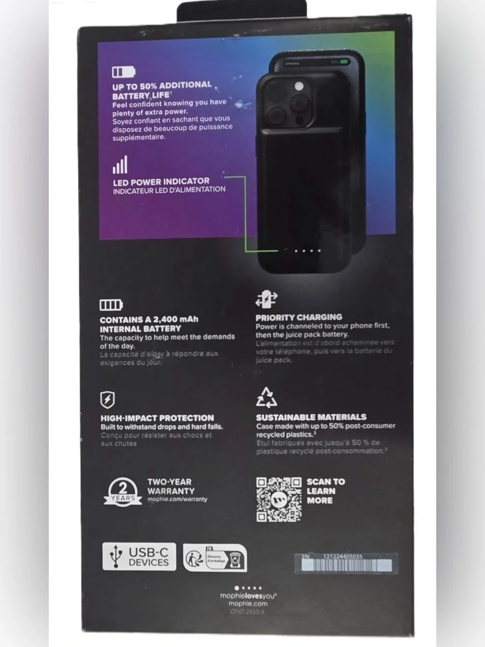 Mophie Juice Pack Battery iPhone 15 Pro Case Black 2400 mAh USB-C Drop Protect